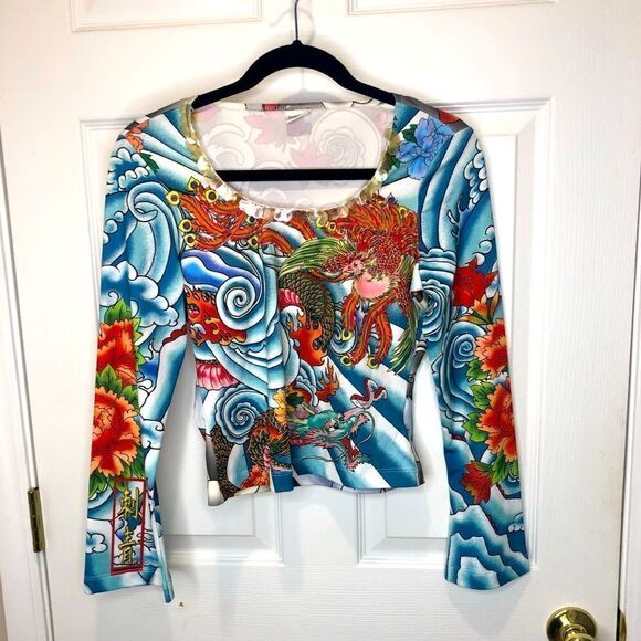 Amour Love Tops - Amour LOVE long sleeve vibrant color dragon and water top, size 3